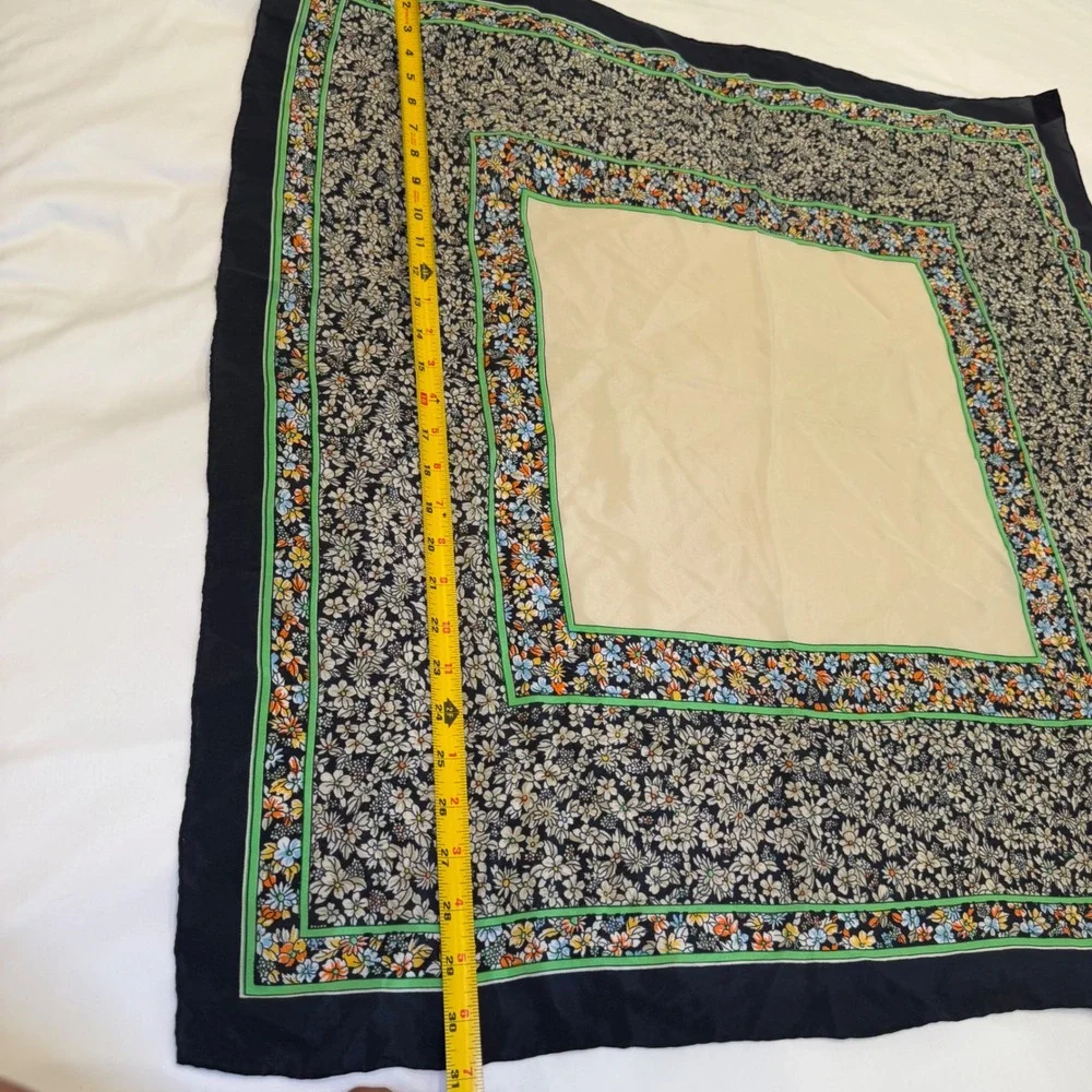 Golden Camel Vintage 100% Silk Scarf Floral Border Hand Rolled Navy Cream 30x30